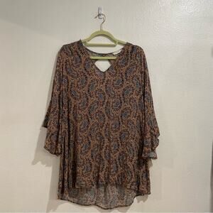 Lush Pink Paisley Bell Sleeve Tunic Blouse Sz S
